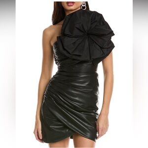 Rachel Gilbert
Evana Ruched Faux Leather Mini Dress with Floral Applique